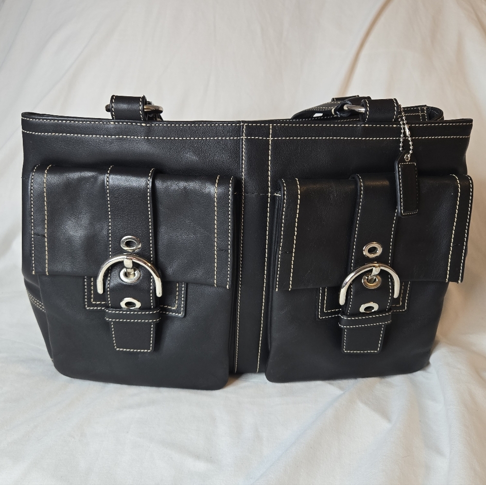 Coach Vintage Soho Double Buckle Pocket, Black Leather Satchel Bag 6468
